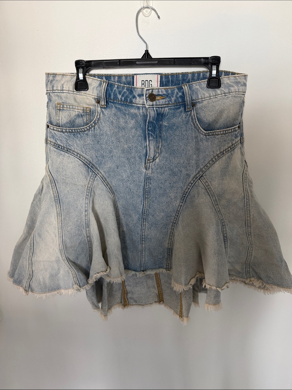 BDG Urban Outfitters Reagan Spliced Denim Mini Skirt Ruffle Flare Fluted Size M